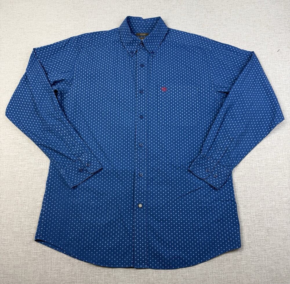 Ariat Western Shirt Men’s Large Blue Geometric Print Fitted Cotton Long Sleeve